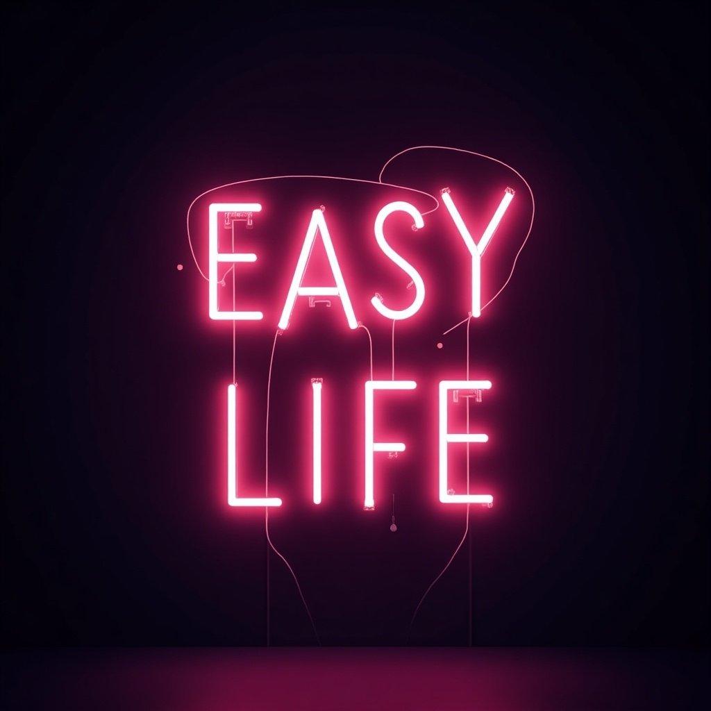 Neon glow design features the words 'EASY LIFE' in a modern style. Designed for branding purposes. Neon light emits a vibrant pink color against a dark backdrop.