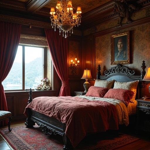 Bedroom on a ship with luxurious decor and nautical theme. Rich wooden walls and plush bedding create a cozy atmosphere. Vintage-style decor with a chandelier and ornate furniture.