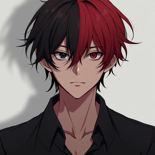 20 year old European man with asymmetrical hair coloring red on one side dark brown on the other side featuring one eye all black and the other eye red anime style full body front view.