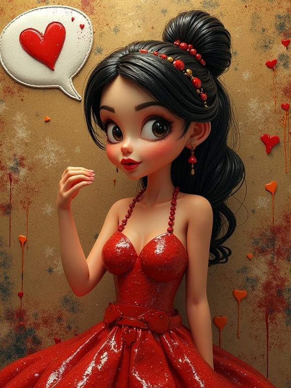 3D character wearing a luxurious red dress in a rich environment. A speech bubble shows a kiss emoji. The image features a thick and textured style.