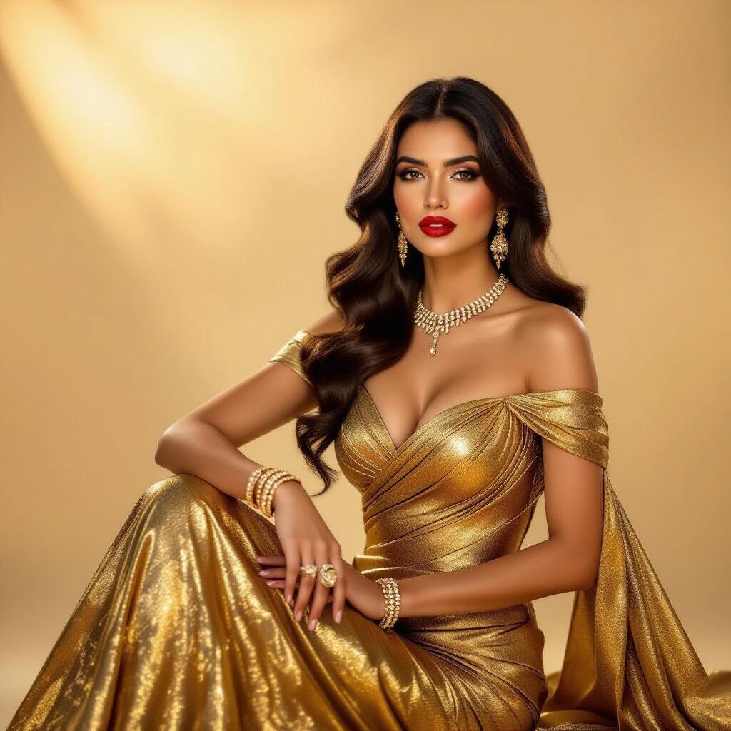 Woman poses confidently in stunning gold gown. Long hair frames face softly. Striking red lips and crafted makeup highlight features. Soft-toned gradient background enhances richness of outfit and jewelry. Warm glow emphasizes textures of fabric and hair. Opulence and high fashion blend classic beauty with modern artistry.