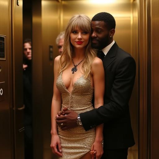 A young woman and an older man inside a hotel elevator. Woman wears a gold bodycon dress and a black necklace. Man embraces her while smiling. Background includes a disappointed man. Warm lighting enhances the scene.