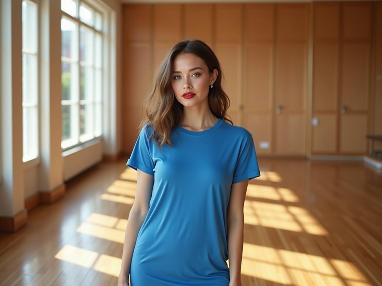 A woman is wearing a blue tee shirt dress in a room with a shiny wooden floor. She looks around 28 years old and has applied full makeup with striking red lipstick. The room features large windows that let in soft, natural light and is decorated with a minimalist style. Her confident pose adds to the vibrant atmosphere. The wooden panels on the walls complement the warm tones of the floor.