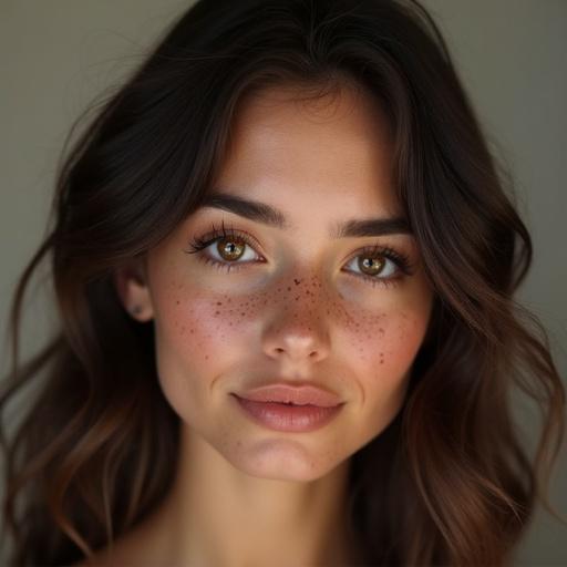 Portrait of a 19 years old individual with brown skin hazel eyes and freckles showing full lips. Hair appears silky and wavy. Shoulders slightly visible. Soft natural lighting enhances features.