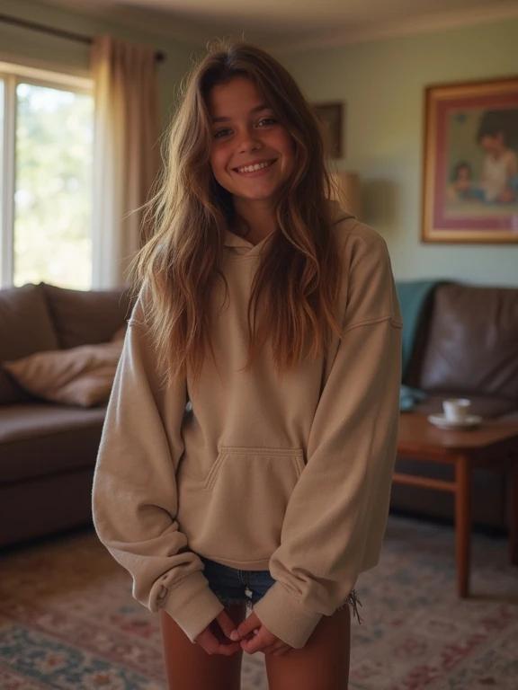 Full frame photo of a teenager in a beige hoodie and micro shorts standing in a living room. The girl has a flirty smile and is posing shyly. The image has a low resolution and appears pixelated with bright synthetic colors.