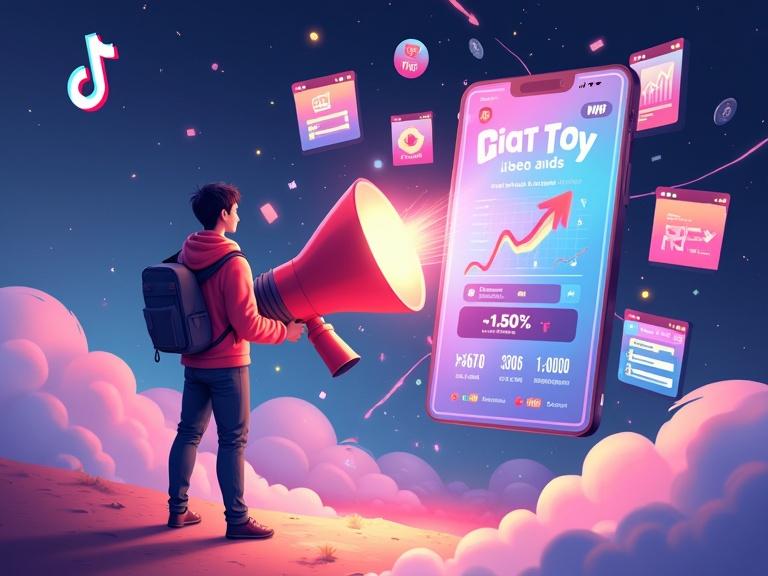 Digital illustration of a TikTok creator. Creator stands beside a megaphone-shaped rocket. Rocket launches vibrant video ads. Background shows a busy For You Page. Floating icons represent various ad formats. Control panel displays targeting options and performance metrics. Arrows connect data to growing graphs indicating engagement.