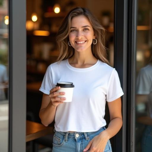 Female model stands at coffee shop entrance. She holds a coffee cup. She wears a white t-shirt. The environment is inviting and bright.