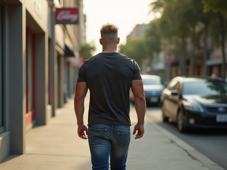 Big muscular man with close cropped blond spiky hair dressed in a t-shirt and jeans; walking away from the camera on a South American sidewalk; ultra-realistic style.