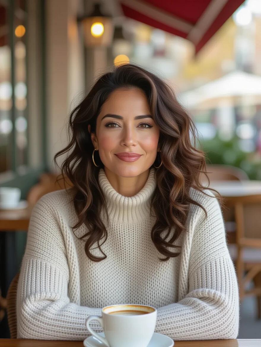 Photo of a woman at an outdoor café terrace. She has light skin with dark curly hair. She wears a loose sweater and leggings. Expression is calm and neutral. Posture is straight and relaxed. A cup of coffee is in front of her. The scene includes plants and patio furniture under natural daylight. She is engaged with the relaxed atmosphere.
