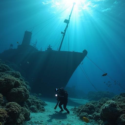 Photorealistic depiction of light rays streaming into the water. The scene shows an underwater viewpoint with light waves visible at the surface. A diver captures footage of a large shipwreck, primarily its bow, which is adorned with coral. Numerous fish swim about while the diver, equipped with a substantial camera rig, uses video lights to document the wreck and its marine inhabitants.