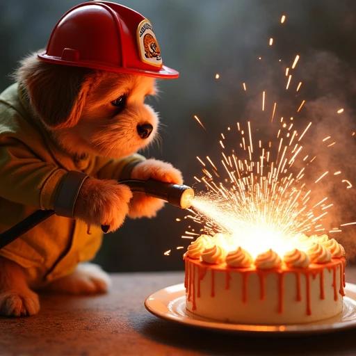 Dog dressed as firefighter. Dog sprays sparkles on cake. Cake has icing and drips. Hose resembles licorice stick. Birthday celebration scene.