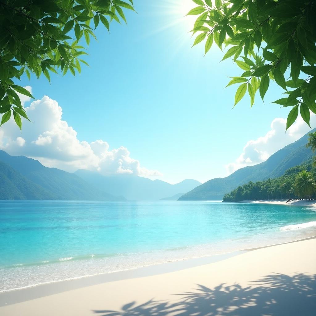 This image depicts a serene beach scene filled with a white sand bar surrounded by aqua blue water. The clear blue sky adds to the peaceful vibe, while gentle sunlight filters through the leaves. The water is still, beautifully reflecting the sky and overhead light clouds. In the background, distant mountains rise, wrapped in soft clouds. Overall, this scene creates a calming and inviting atmosphere that evokes a sense of tranquility.