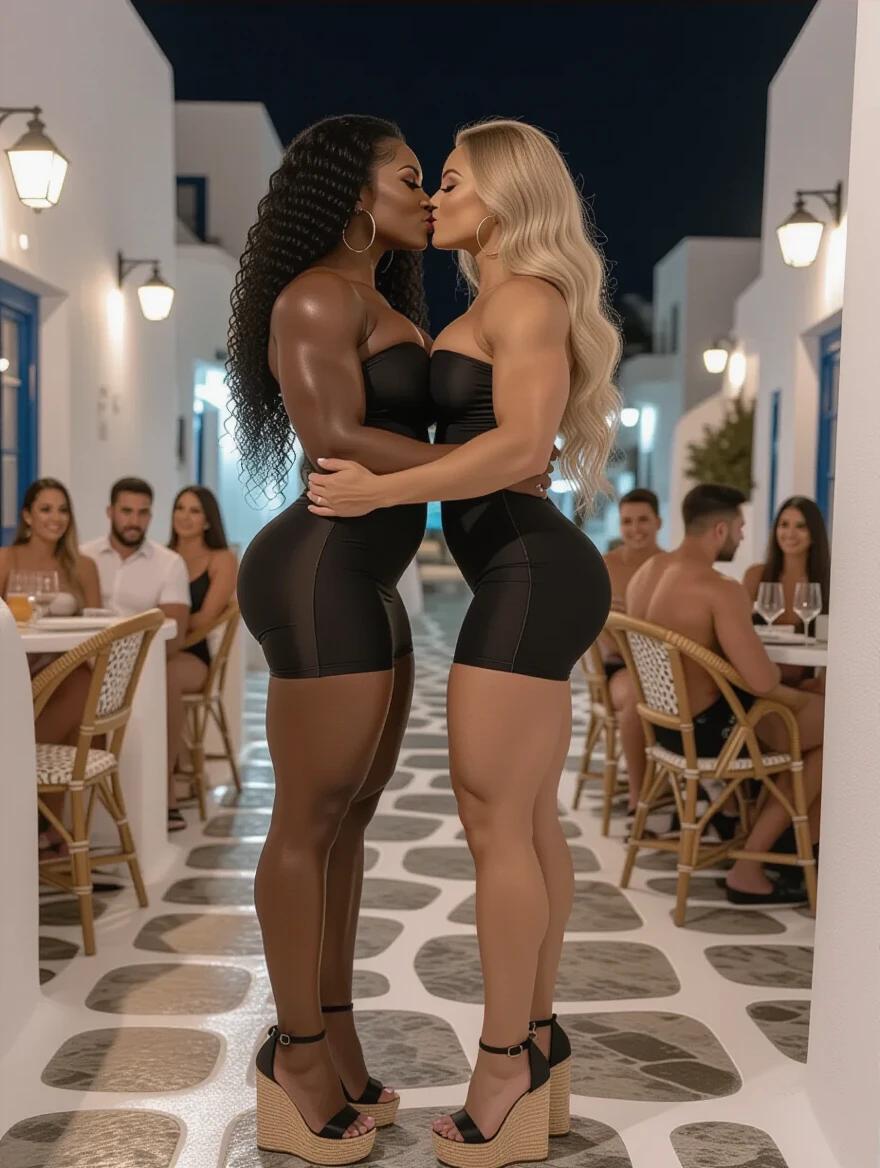 Two hyper-muscular female bodybuilders pose together in a Santorini bar at night. One is black with curly hair the other is white with wavy hair. Both wear tight black dresses and high heels. They embrace affectionately preparing to kiss.