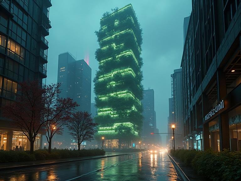A corporate tower designed with mycelium and algae. The building emits a green bioluminescent glow. The cityscape has dark wet streets. Neon-embedded membranes pulse with light. Vines intertwine with cables. Holograms flicker in the rain. A fusion of organic and technology.