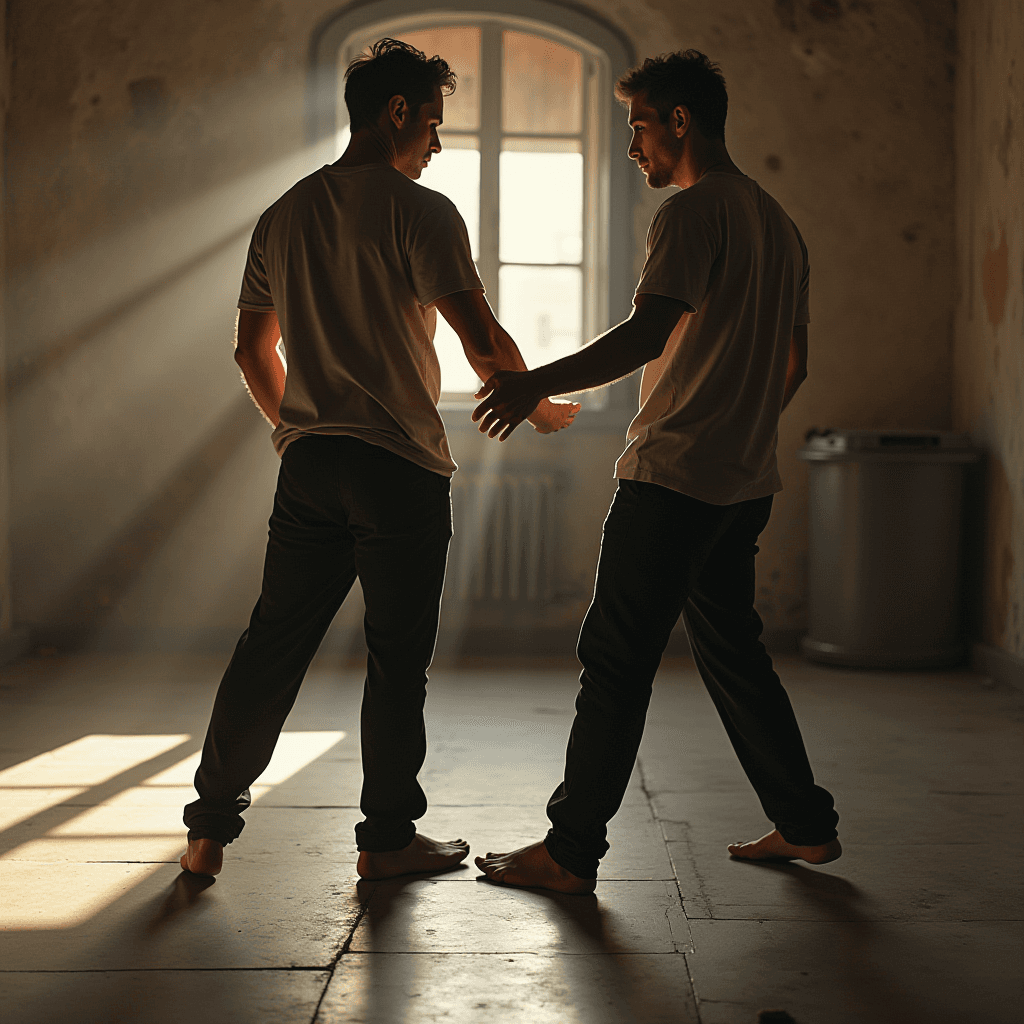 Two individuals engage in a dynamic interaction in a sunlit room, standing barefoot on a tiled floor with soft, ambient lighting.