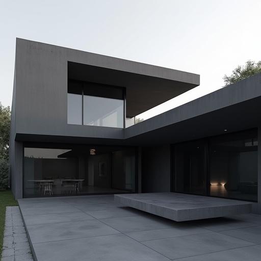 Modern minimalistic villa with dark gray tones. Flat surfaces and clean architectural lines dominate the scene. No visible objects or furniture in the open space, featuring smooth concrete and dark stone textures. Sharp geometry complemented by minimal lighting. Very clean and pure composition in architectural visualization style.