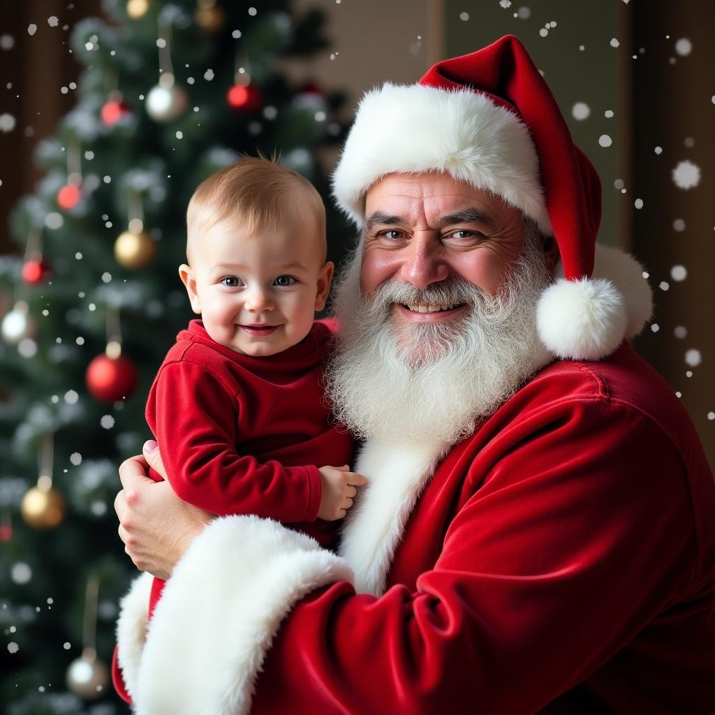 A cheerful Santa Claus holds a smiling baby. Santa wears a red suit. Background features a beautifully decorated Christmas tree. Snowflakes fall, enhancing the festive feel.