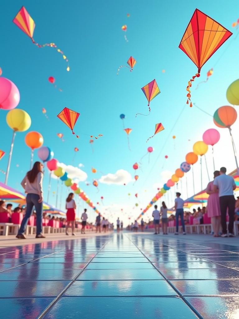 Real image of a kite festival scene. Colorful kites fill the sky against a bright blue background. Glossy tiles reflect vivid colors. People enjoy the festival atmosphere. A subtle branding element signifies elegance and quality. Cheerful modern feel.