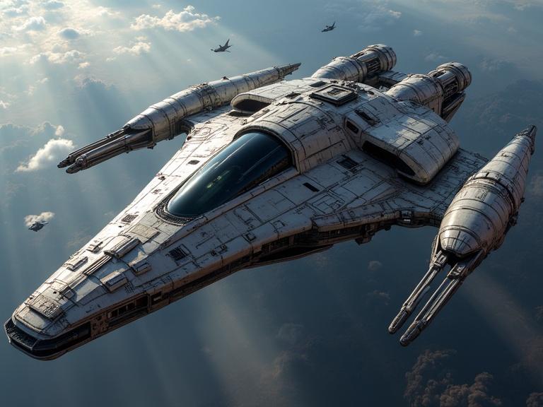 A sci-fi spaceship designed in the shape of an h. Features intricate details and realistic appearance. The environment includes a sky with clouds and sunlight rays. The spaceship has a metallic finish.