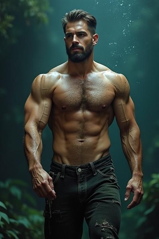 Muscular male figure stands strong in a lush environment. Confidence radiates through the pose. Natural elements surround the scene. Water bubbles reflect light. Focus on physical strength and allure.