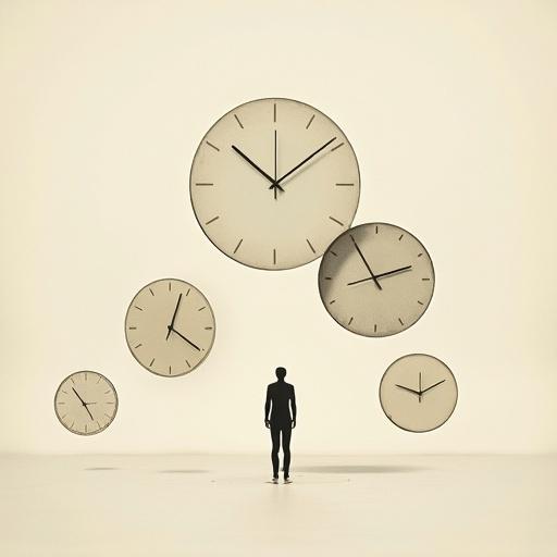 Minimalist tiny human surrounded by floating vintage giant clocks. Surreal conceptual illustration style. Vintage oversized objects. Vast negative space. Clean background. Elegant composition. Contemporary wall art aesthetic. Subtle grain texture. Modern poetic tone.
