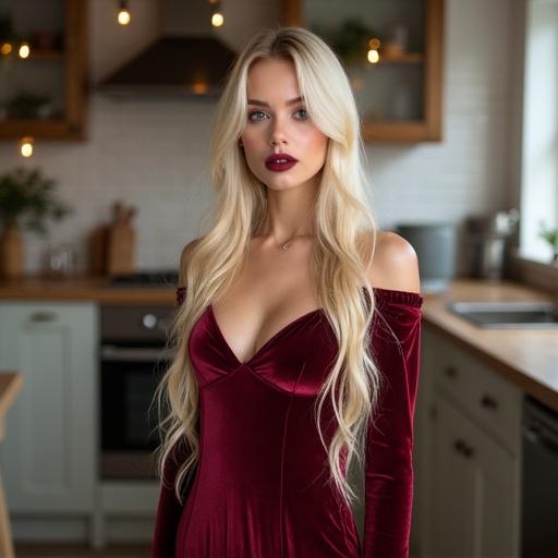 A Scandinavian model with pale skin and long light creamy blonde hair wears a burgundy velvet dress. She has blue eyes and stunning natural makeup. The model poses in a kitchen, showcasing her tall legs and elegant look.