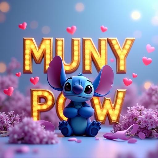 Vibrant 3D render features ornate text MUNY POV in shimmering gold. Stitch poses playfully with crossed arms and a gentle smile. Surrounding elements include bright lilac roses, hearts, and ribbons. Soft blue background transitions to warm pink with diffused lighting. Bokeh effect enhances cheerful atmosphere.