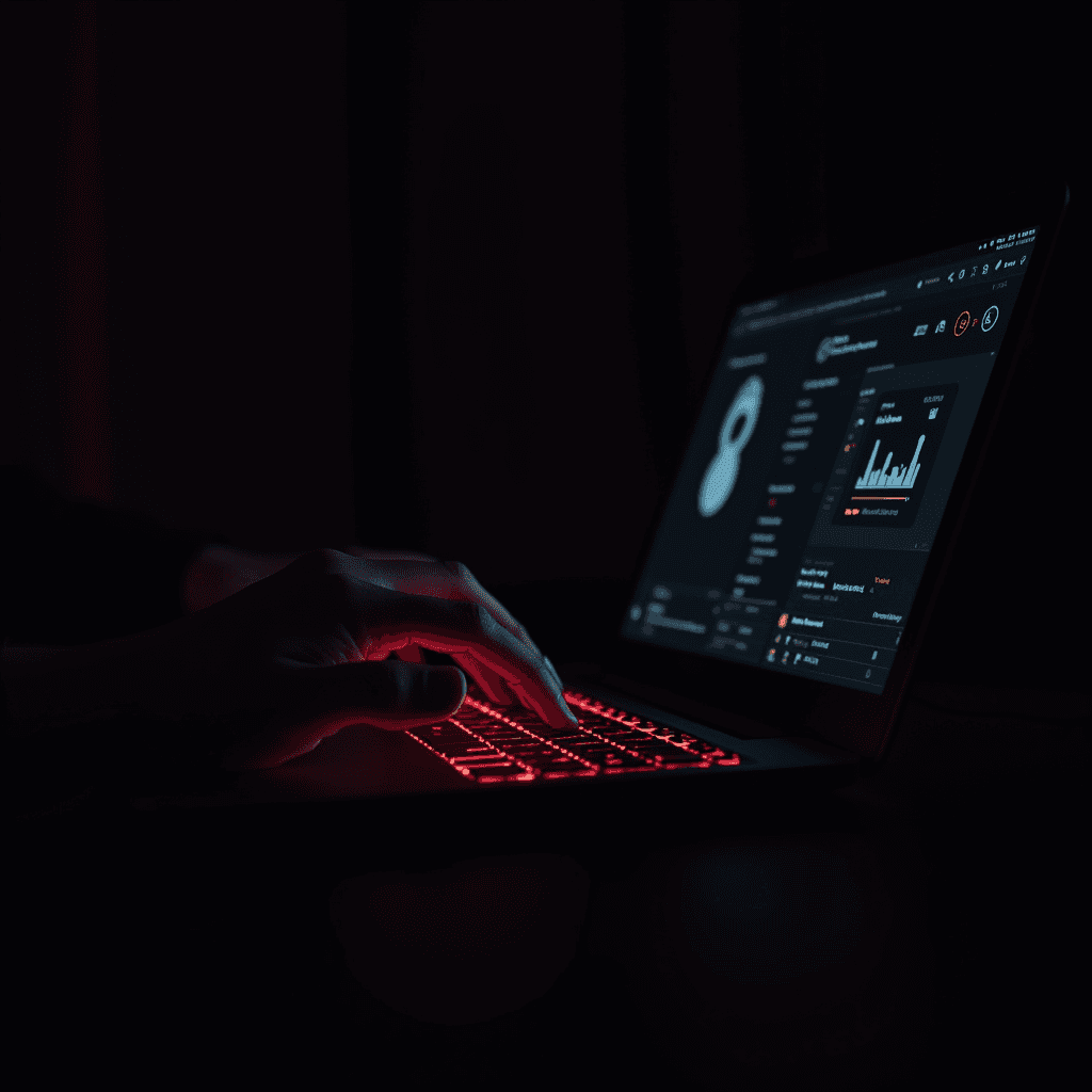 A person's hand typing on a laptop with a glowing red keyboard in a dimly lit room.