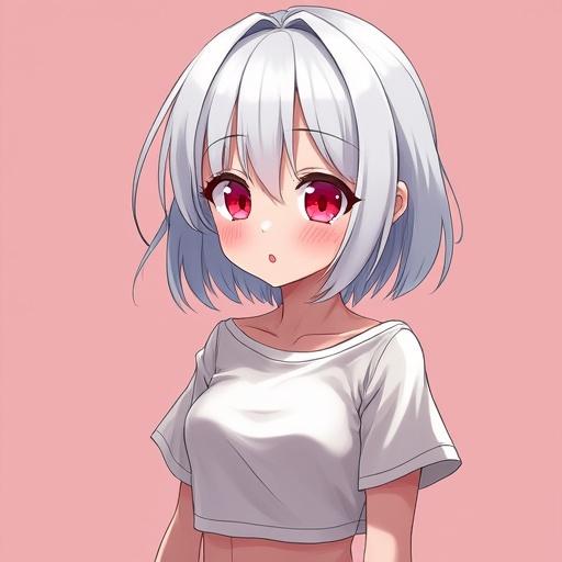 Anime girl with white hair. She has red eyes and short hair. She is wearing a crop top. The background is pink.