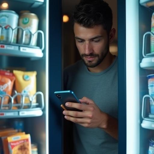 Young man casually looking at smartphone screen between two vending machines