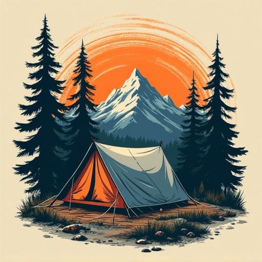 Vintage design with a camping theme. A tent sits in front of a mountain landscape. Tall pine trees surround the tent. An orange sunset creates a warm ambiance. Showcases outdoor spirit and love for nature.