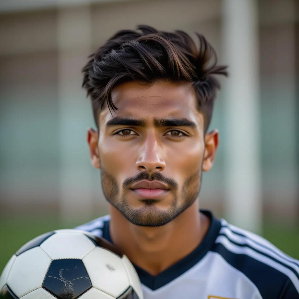 Young man stands with soccer ball. He has black hair and a sharp jawline. Wears a sports jersey. Background is blurred. Natural light highlights features.