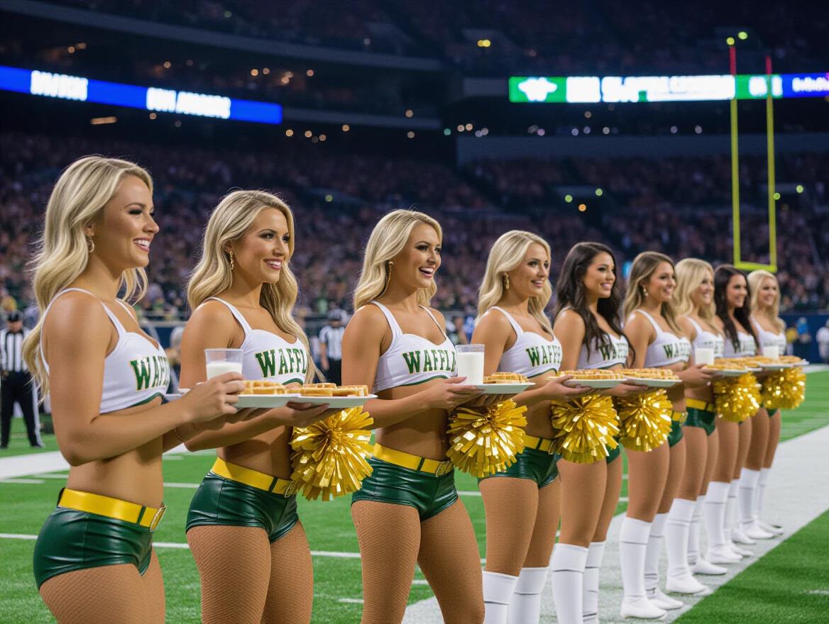 Cheerleaders in barely-there uniforms serve waffles at a football game. Bright stadium lights illuminate the scene. Cheerleaders wear green and gold with the word WAFFL. They hold trays of food. Football fans are visible in the background.