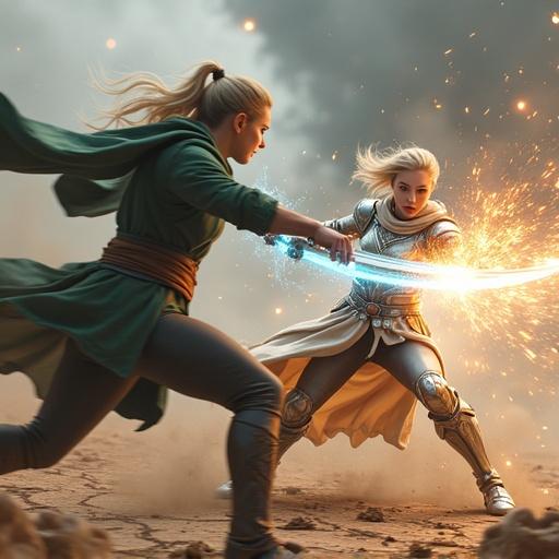 Ultra-realistic scene featuring two powerful female warriors in an epic battle. One warrior with short blonde hair and golden eyes wears light armor with glowing symbols. She attacks with a radiant sword. The other warrior has long pale blonde hair, wears a green robe, and counters with a glowing fist. The battlefield is cracked with debris and dust clouds. Energy bursts enhance the action.
