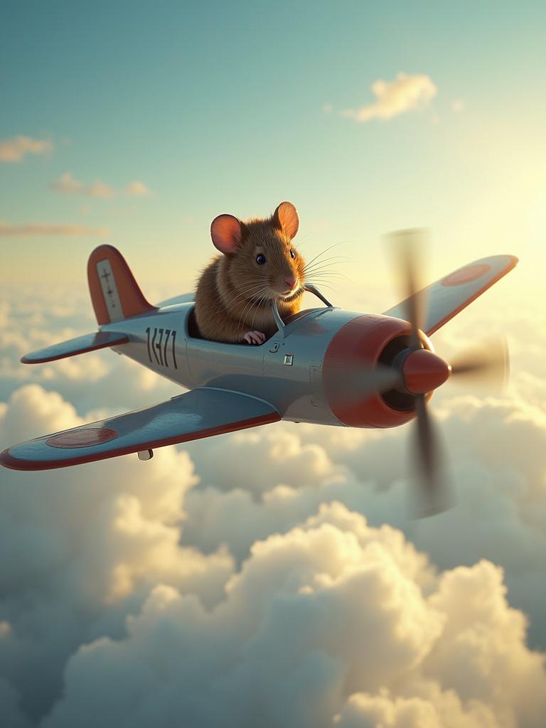 A mouse pilots a small toy airplane flying high in the sky. The scene captures soft clouds below and the mouse appears adventurous and cute.