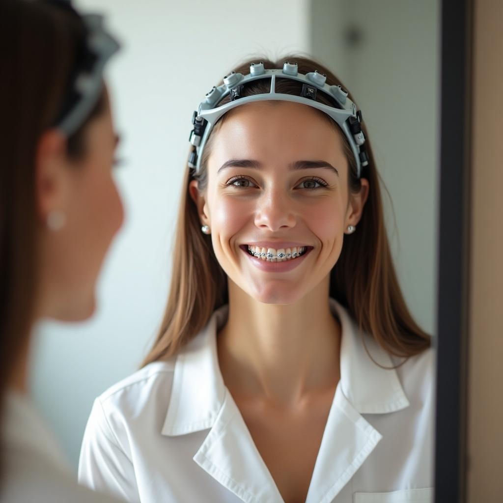 A woman smiles showing braces and orthodontic headgear. She looks at her reflection in the bathroom mirror.