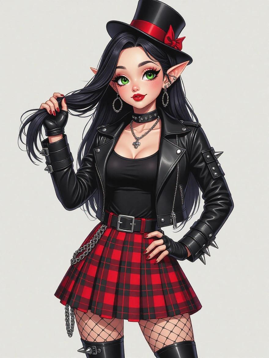 A gothic anime-style female elf character. Features include vibrant green eyes, a cute face, and long hair styled to one side. She wears fishnet leggings, a plaid skirt, and a leather spiked jacket. Accessories include a top hat and spiked choker. The artwork reflects high quality and aesthetics, suitable for digital art and merchandise.