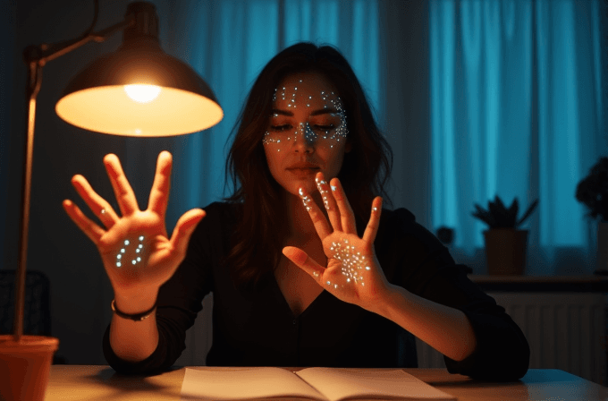 A woman with glowing dots on her face and hands sits under a lamp, reading a book.