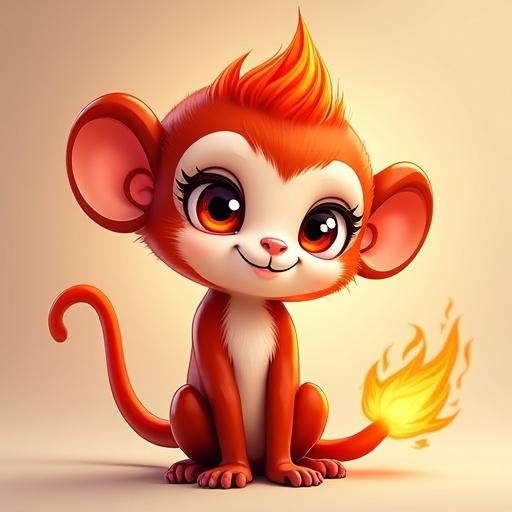 A small beautiful shiny glossy cartoony monkey character has a smug smile. White scleras spark joy. Fire on the end of her tail adds excitement. She wears shiny glossy red eyeshadow. The focus is entirely on the monkey. Full body image showcases the vibrant and playful nature of the character.
