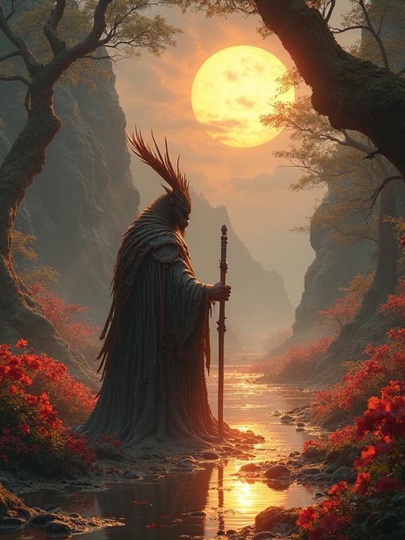 Fantasy themed artwork with a mythical creature in a mystical setting. Large glowing sun setting in the background. Dark figure holding a staff surrounded by a tranquil landscape with flowers and trees.