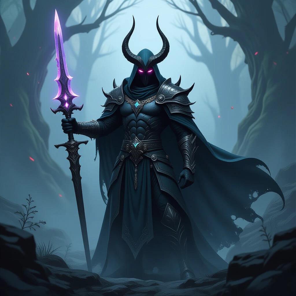 Depicts a dark lord with a menacing aura standing in an eerie forest. The character is clad in ornate armor and holds a glowing purple sword. The background features mist and twisted trees conveying a sense of danger.