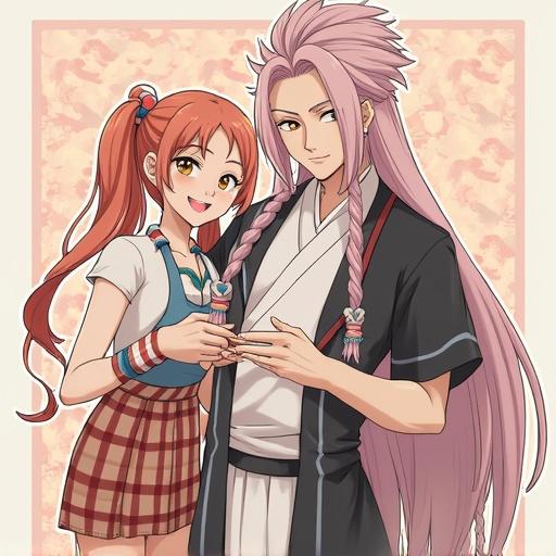 Image of two anime characters, a girl and a boy, sharing a joyful moment holding hands, featuring vibrant colors, anime art style, and inviting expressions.