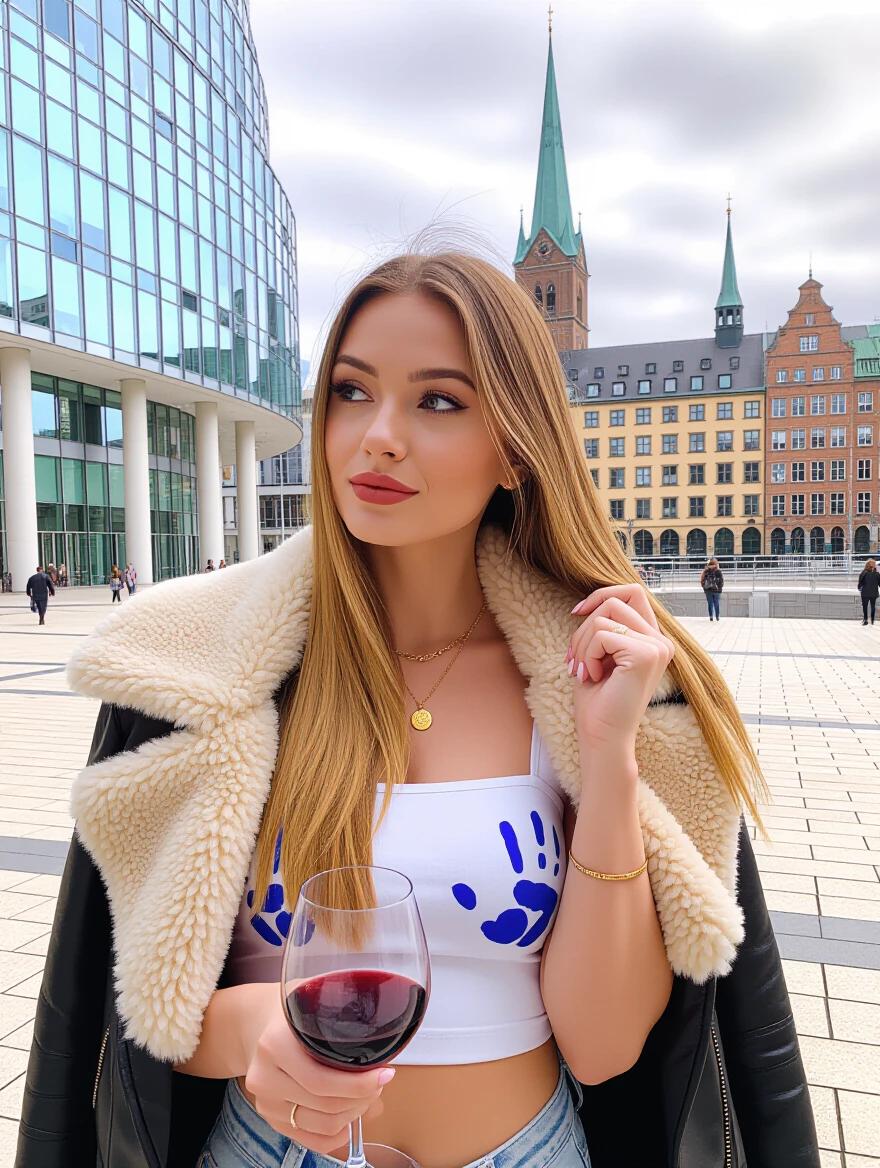 Photograph of a young woman with long blonde hair outdoors by a modern building. She wears a white bralette with blue hand-prints and a black jacket with a beige fur collar. In one hand is a wine glass filled with red wine. Background features urban architecture, blending modern and historical styles. Daytime scene with neutral colors in the image.