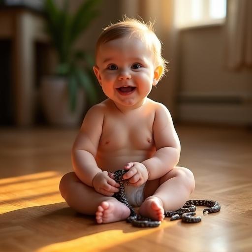 A cherubic ten-month-old baby sits on a hardwood floor. Baby smiles broadly while delicately eating tiny snakes. The scene is illuminated by warm, golden light.