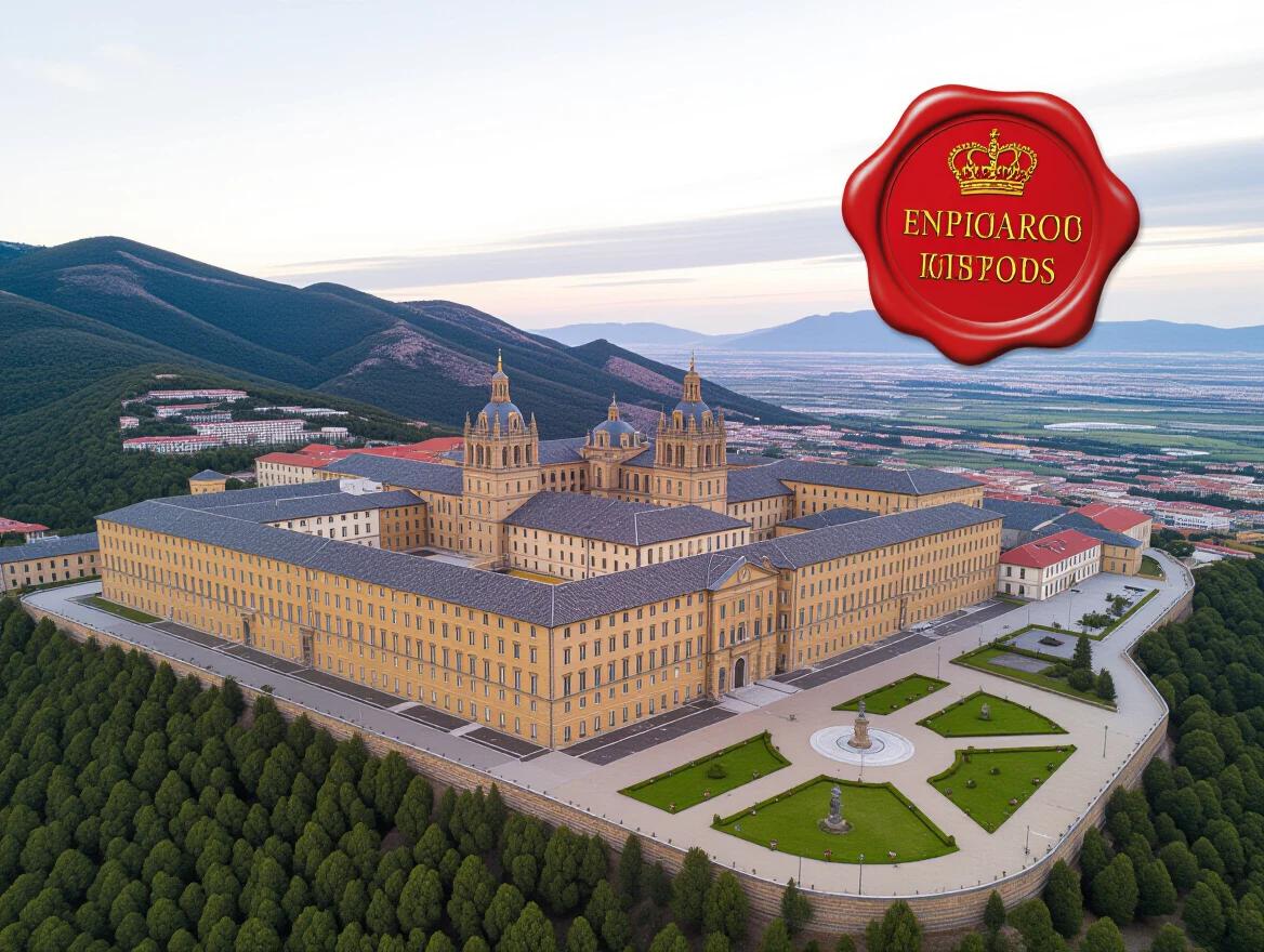 View of El Escorial monastery from above with a seal overlay. Complex structure and scenic surroundings are highlighted. Historical and cultural significance apparent.