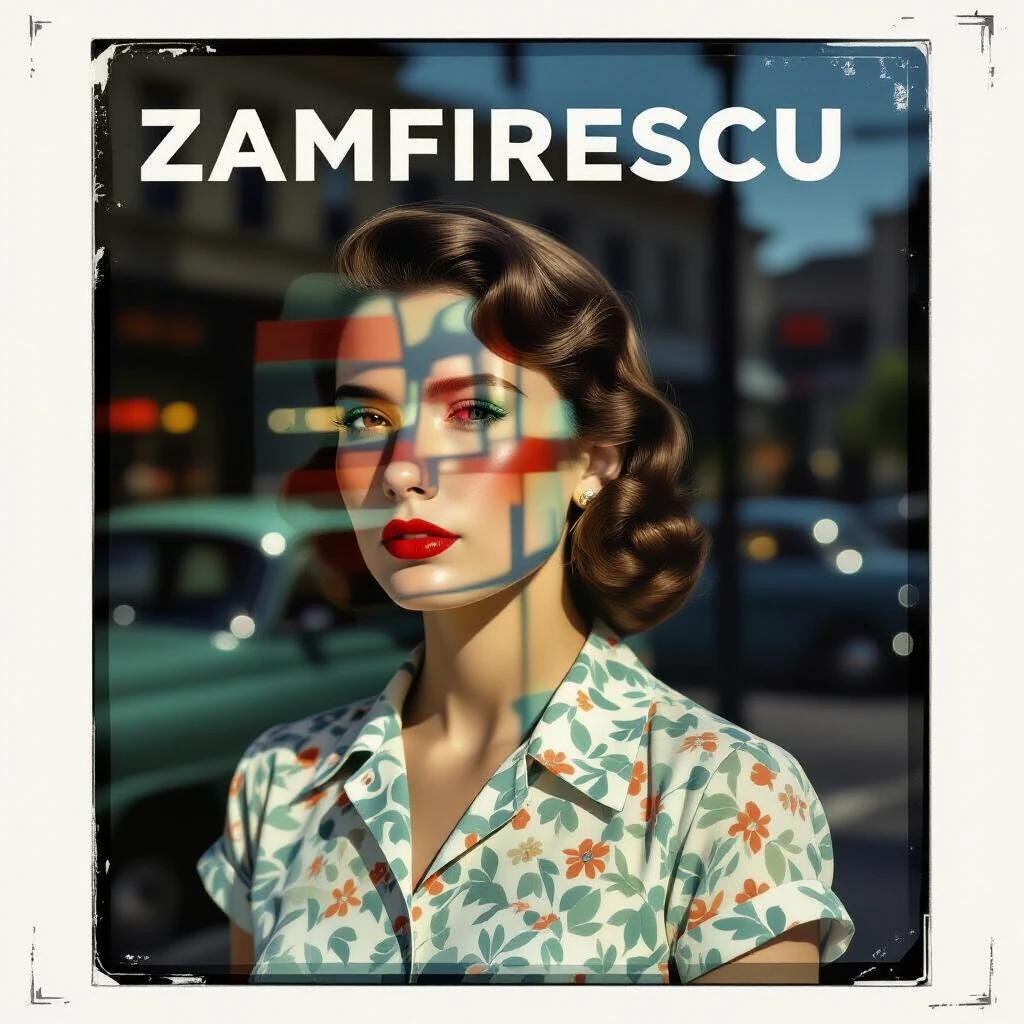 Zamfirescu logo set against a background of reflections and vintage cars. A woman wears a floral shirt portraying mid-century style. The image captured through a . Leica IIIc camera emphasizing focus and distortion from the glass. The scene evokes themes of nostalgia and relaxed posture with subtle visual artifacts.