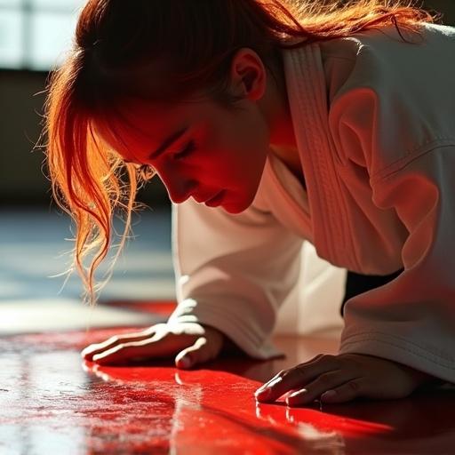 Close-up shot of a kneeling female karate fighter. Upper body leans forward with elbows touching the floor. She looks down at red blood on the floor. Red hair clings to her damp skin. Wearing a karate gi. Sunlight reflects on the dojo floor.