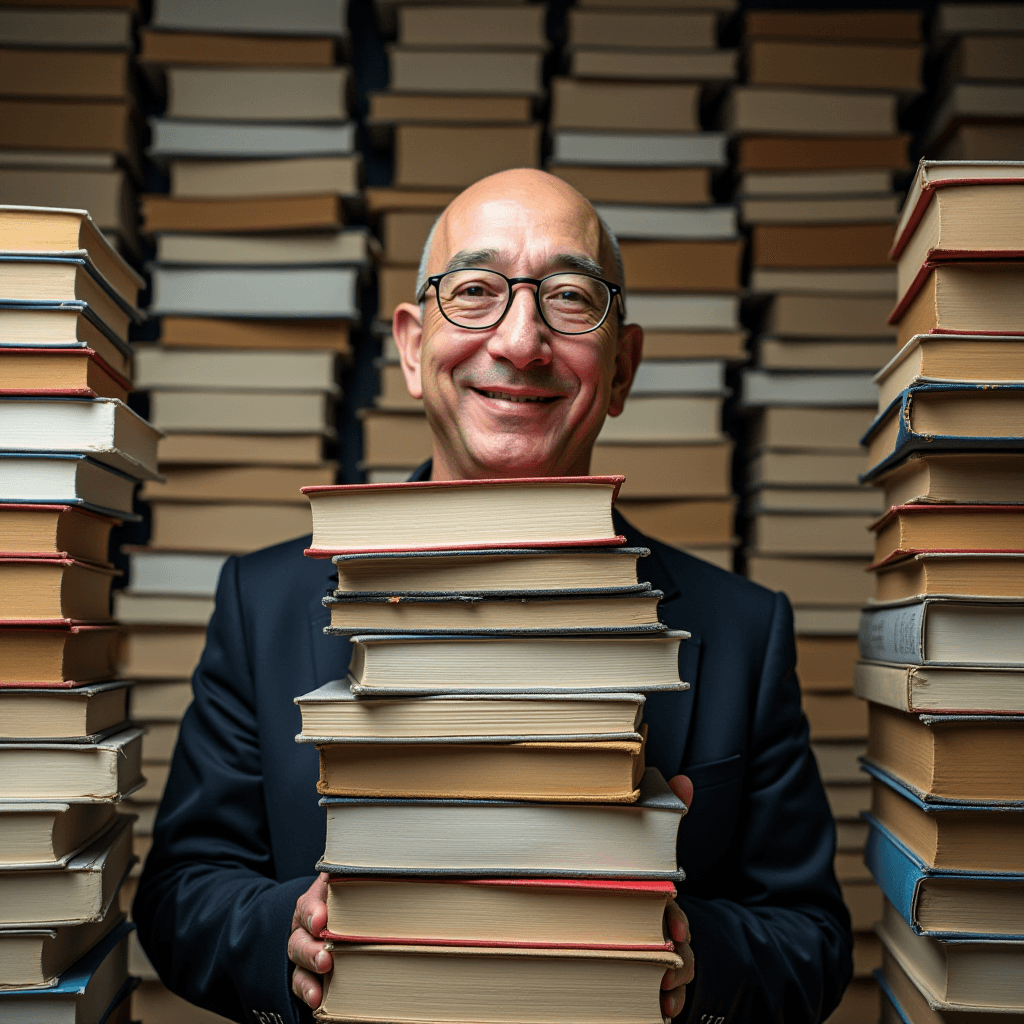 A smiling man stands surrounded by tall stacks of various books in a room filled with literature.