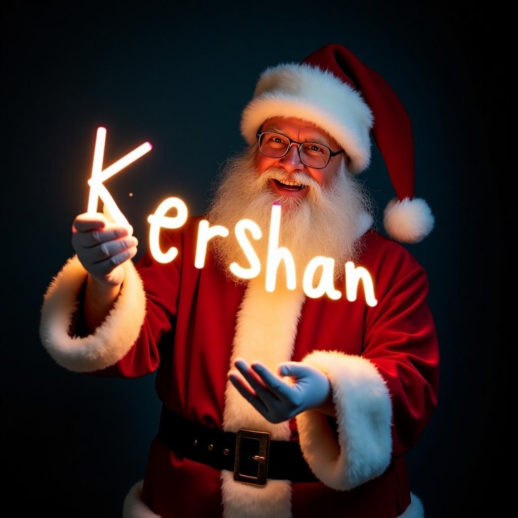 Image shows Santa Claus in red and white suit holding a glowing stick that forms the name Kershan. Santa has a jolly expression. Dark background enhances glow. Scene captures Christmas magic and joy.