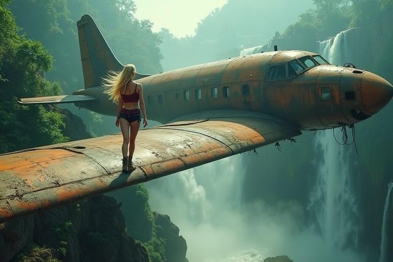 Cinematic wide-angle shot of a rusted airplane over a waterfall. The airplane acts as a bridge between jungle cliffs. A girl with golden hair stands on the wing. Bright sunlight and mist create a magical atmosphere.